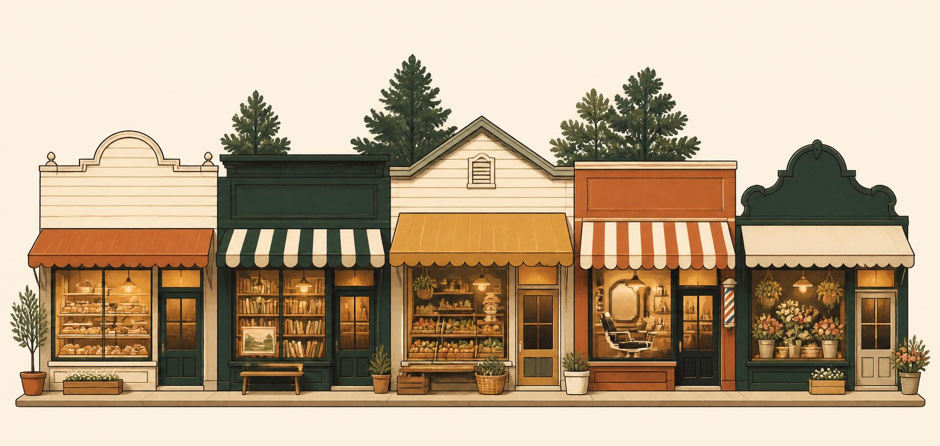 A row of independent New Zealand main-street shopfronts standing side by side